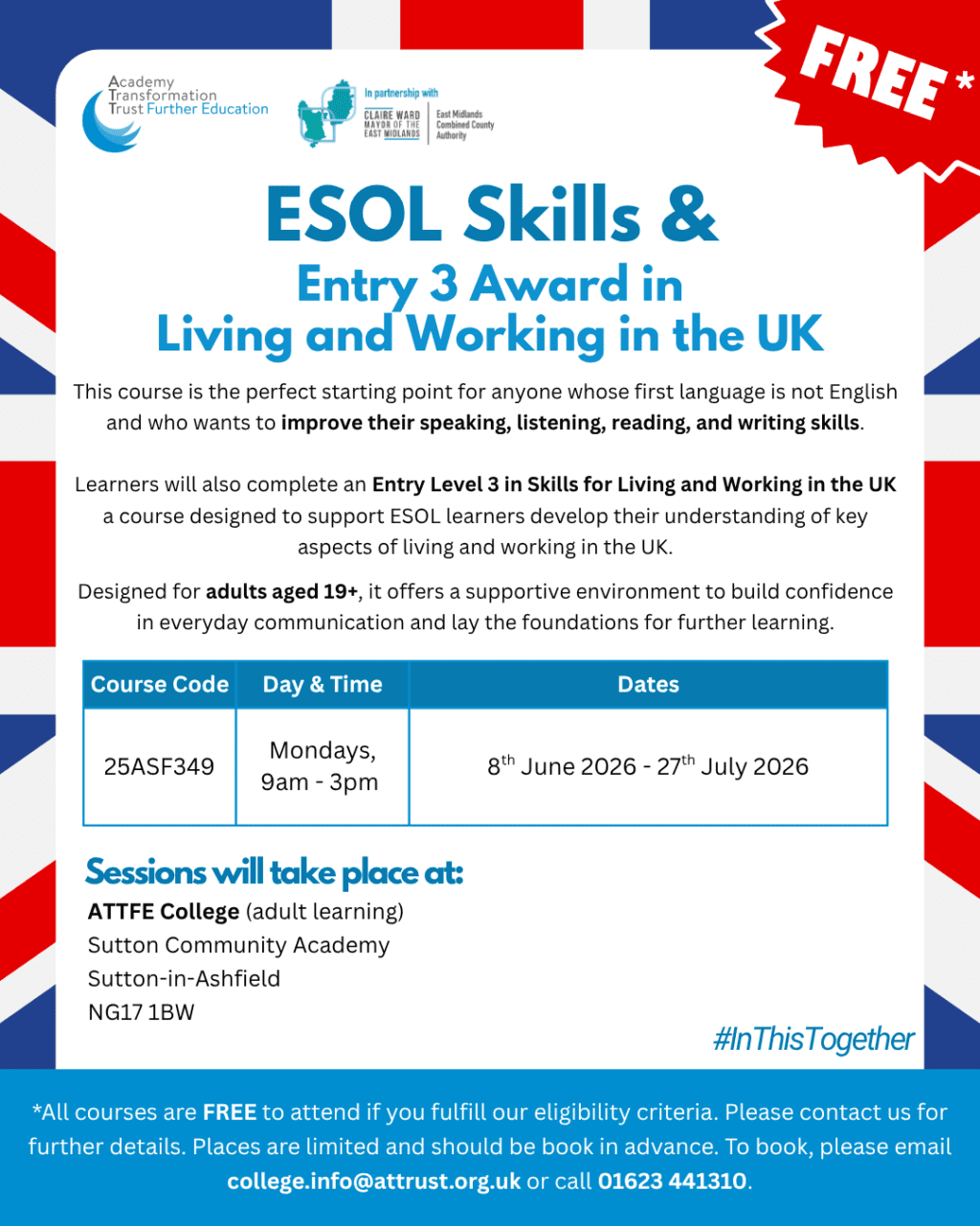 ESOL Skills & Entry 3 Award In Living And Working In The UK June 2026